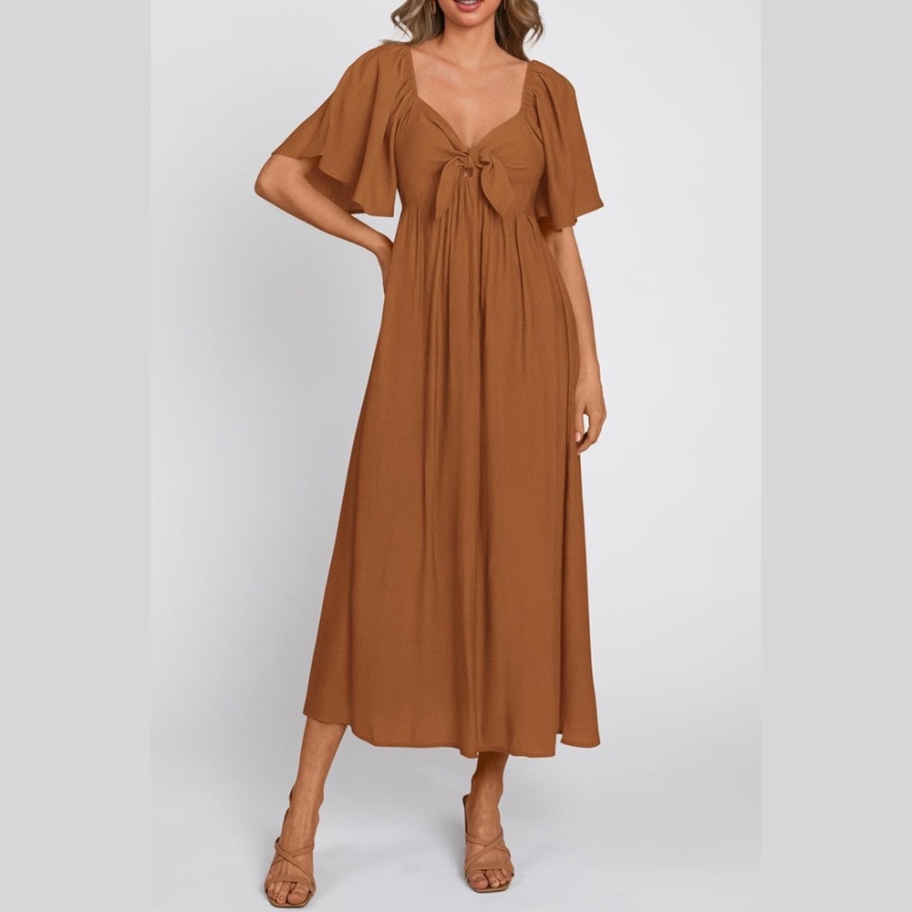 PRETTYGARDEN Bow Tie V Neck Ruffle Midi Flowy Dress